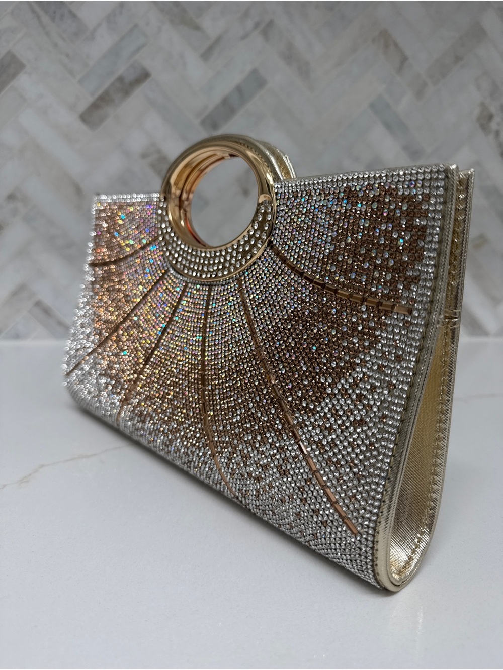 Rhinestone Crystal Sunburst Evening Bag Gold Clutch Crossbody